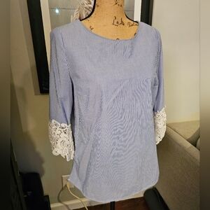 Pinstripe summer blouse with lace cuffs